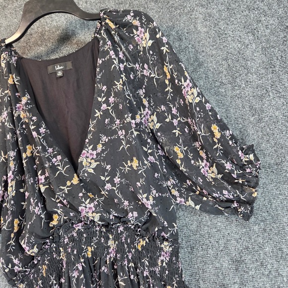 Lulus Floral Clip Dot Smocked Tiered Mini Dress XL Black Puff Sleeve Chiffon - Picture 4 of 16